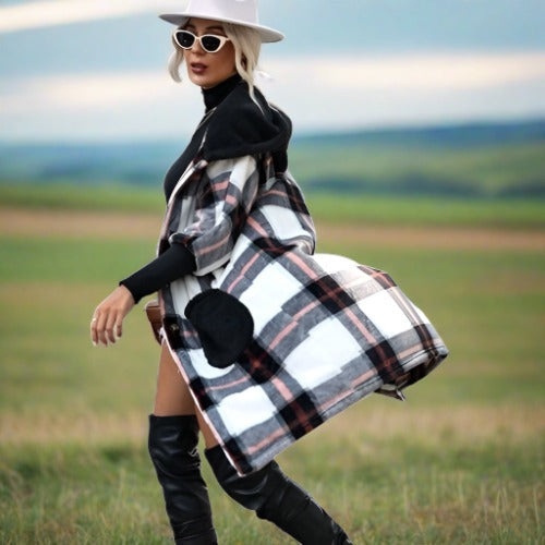 Dam Kappa Lång Rutigt Mönster Mjuk Tygblandning-3