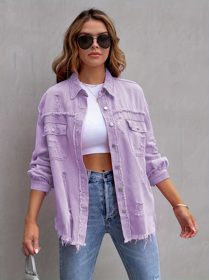 Överdimensionerad Denimjacka Damer Rippade Detaljer Högkvalitativ Denim 12