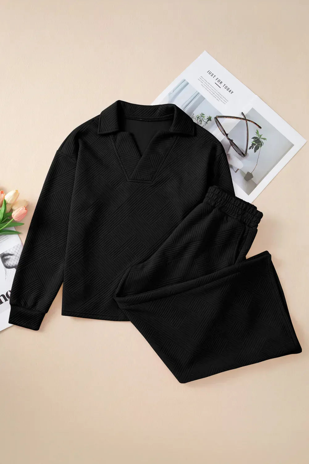 Dam Topp och Byxor Set Avslappnad Mjuk Blandningstyg-5