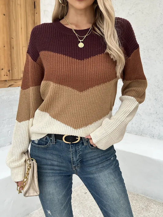 Stickad Dam Tröja Färgglad Rund Hals Mjuk Akrylblandning-1