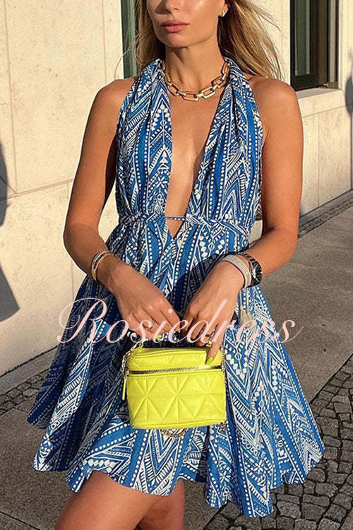 Dam Mini Klänning Halterneck V-hals Öppen Rygg Bomull Polyester-5