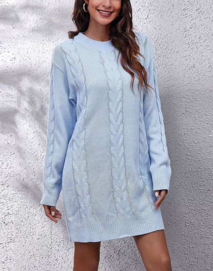 Dam Stickad Klänning Rund Halsringning Flätmönster Mjuk Höstdesign-1