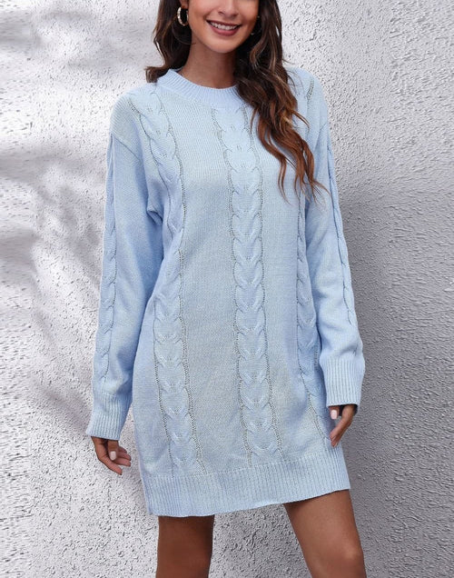 Dam Stickad Klänning Rund Halsringning Flätmönster Mjuk Höstdesign-1
