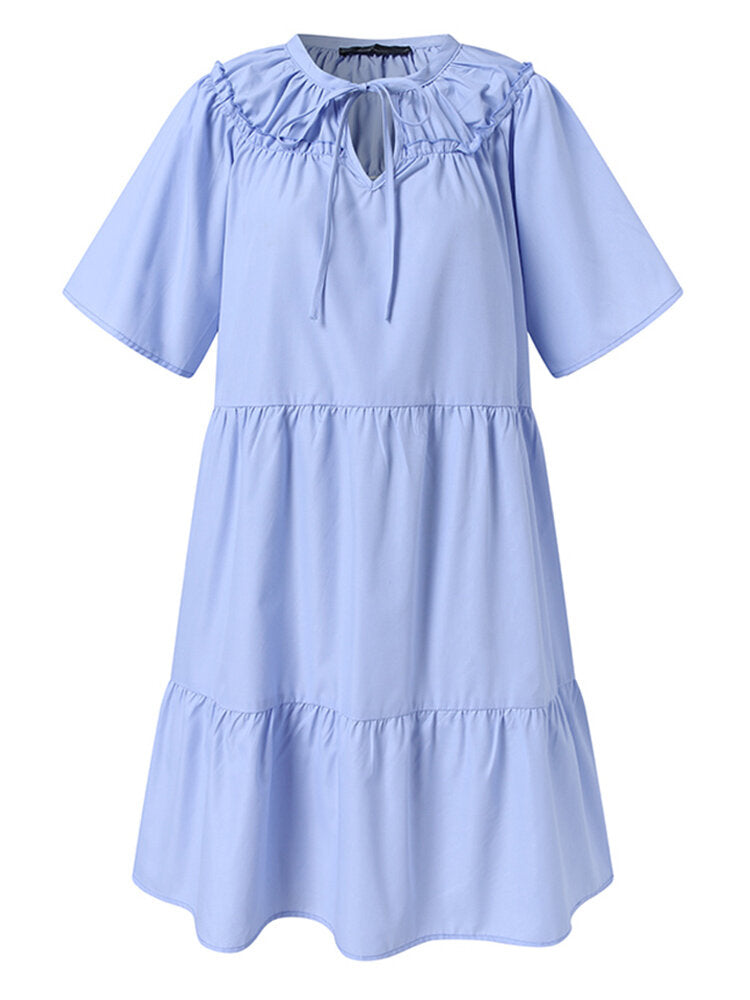 Damklänning Midi V-ringning Kort Ärmar Bomullsblandning-5