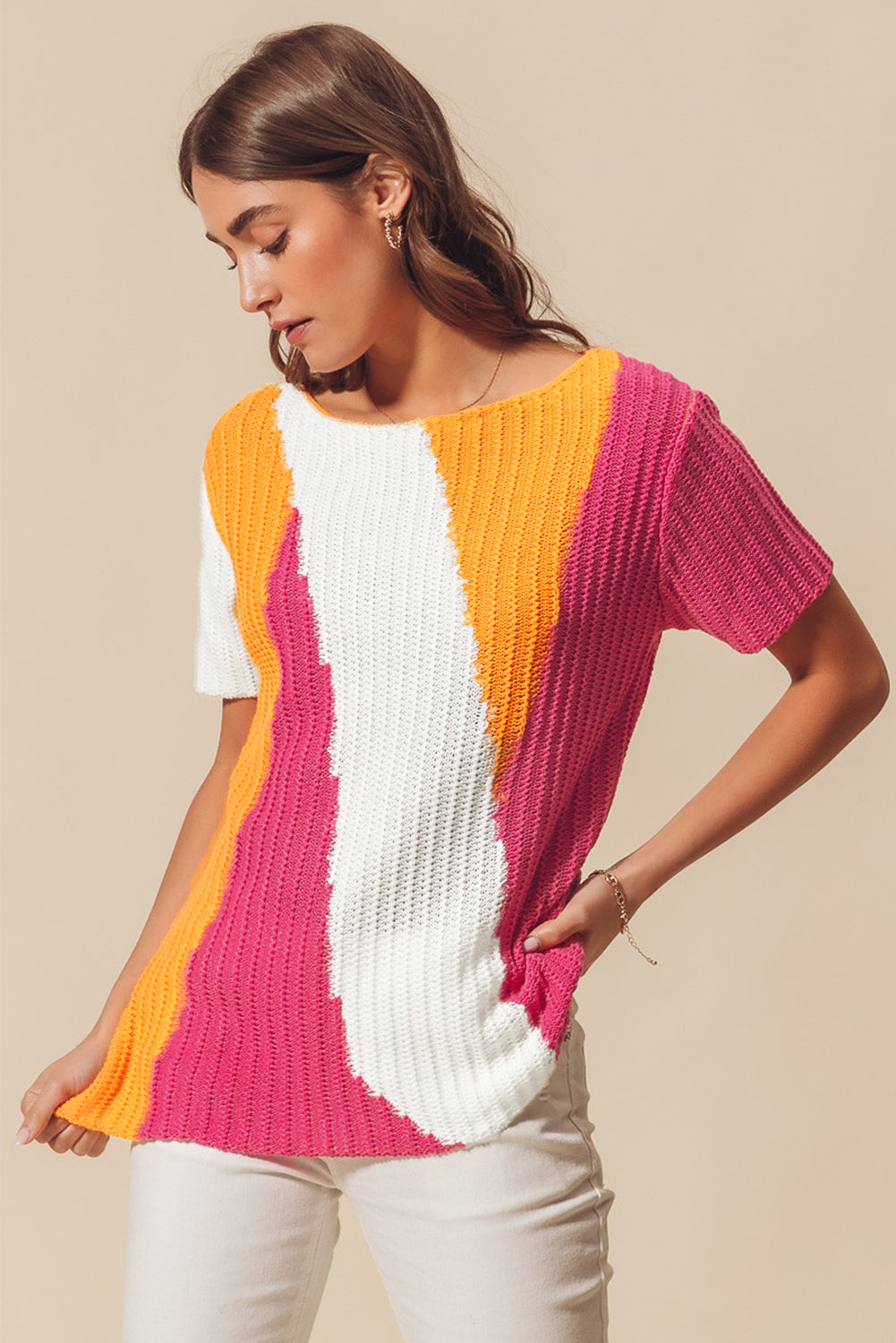 Damen-Strickpullover mit Farbblock und kurzen Ärmeln, 100 % Acryl-6