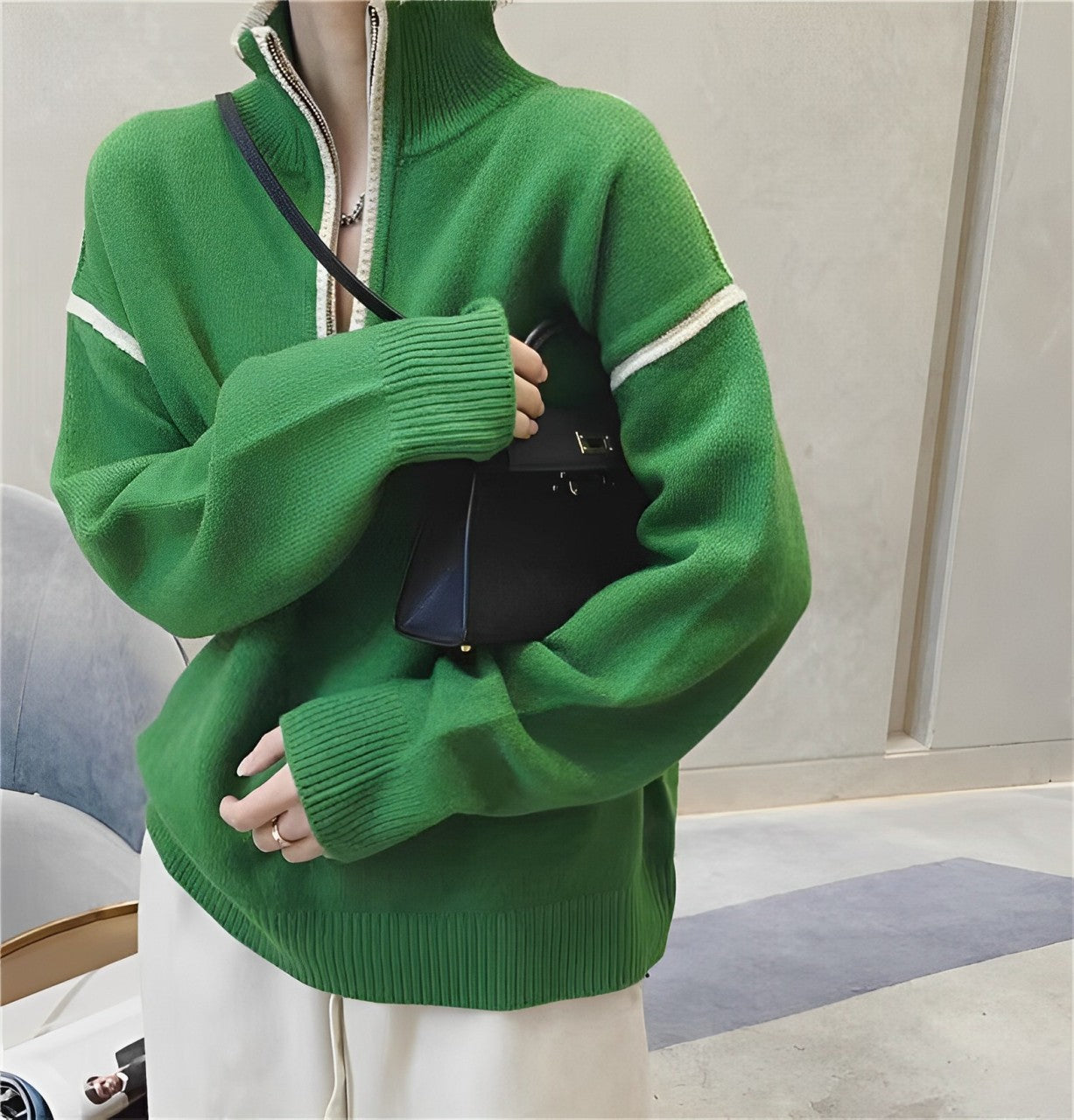 Dam Cardigan Tjock Halv Dragkedja Polyester Avslappnad-3