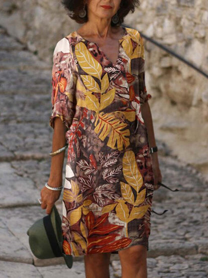 Variant image for Kvinnors Midi Klänning Rund Hals Högkvalitativt Tyg Växtbladmönster-25