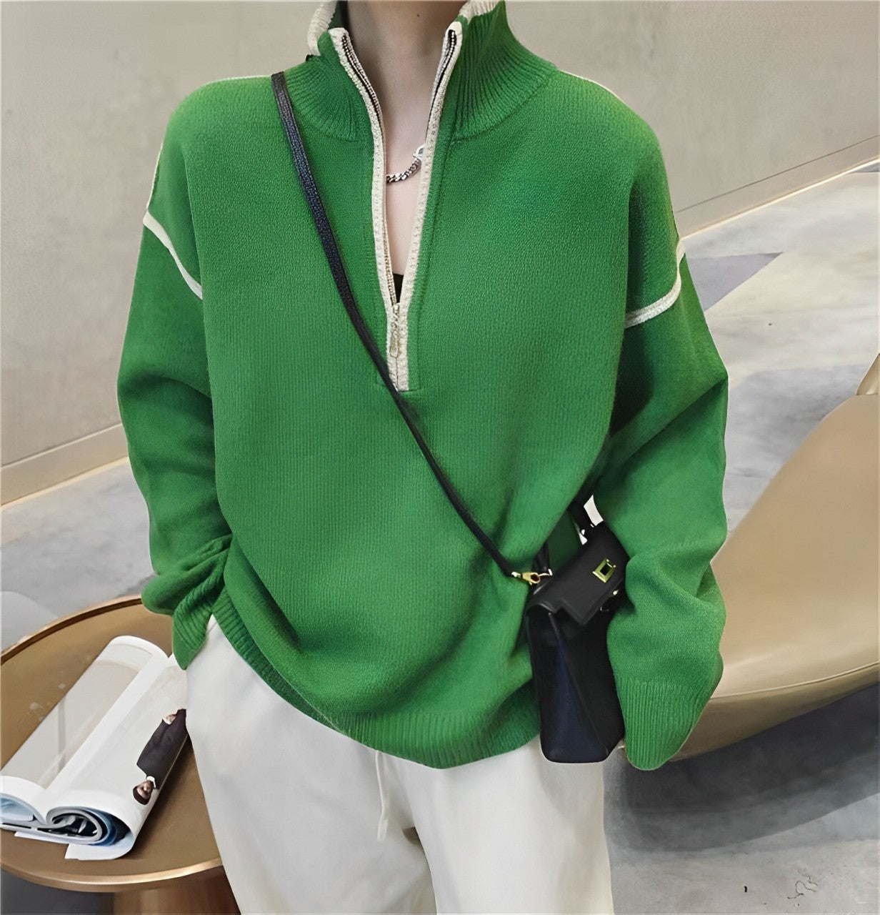 Dam Cardigan Tjock Halv Dragkedja Polyester Avslappnad-5