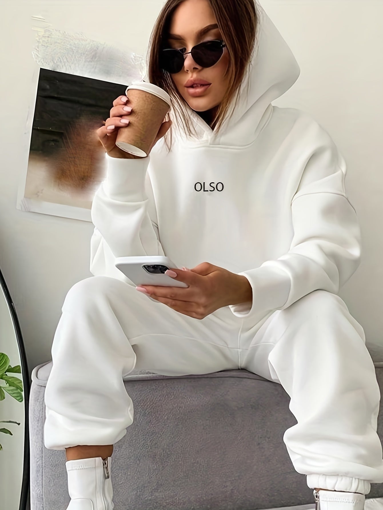 Variant image for Tvådelat Set Dam Hoodie och Joggingbyxor Mjukt Material Trendig Design-1