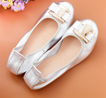 Dam Ballerina Skor Läder Platta Med Metallaccent-2