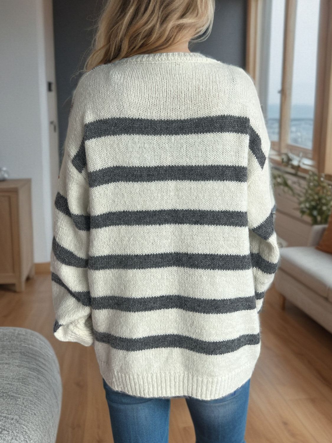 Kvinnor Randig Knäppkardigan Mjuk Tygblandning-2