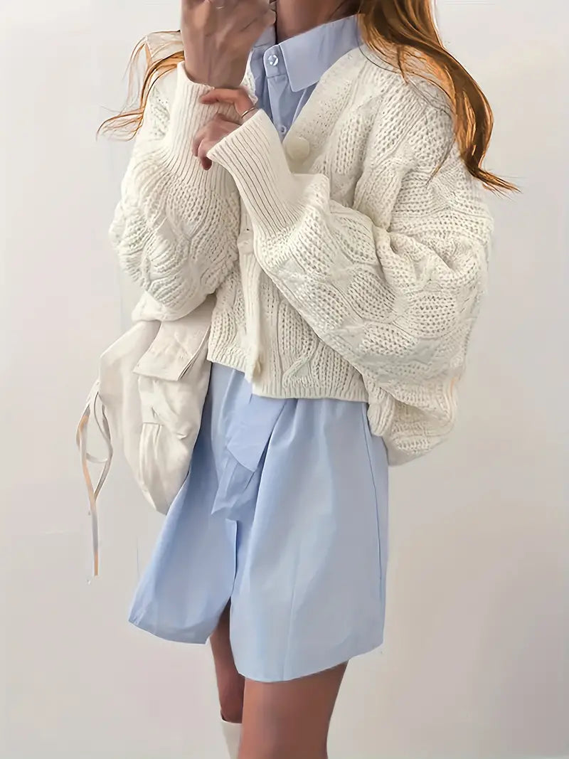 Kofta Dam Kabelmönster Knappstängning Mjuk Ullkofta-3