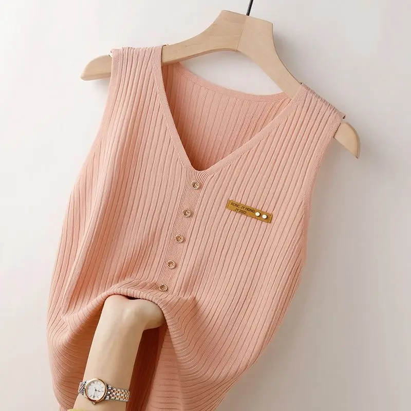 Variant image for Kvinnors Ärmless Stickad Topp V-ringning Högkvalitativ Stickning-16