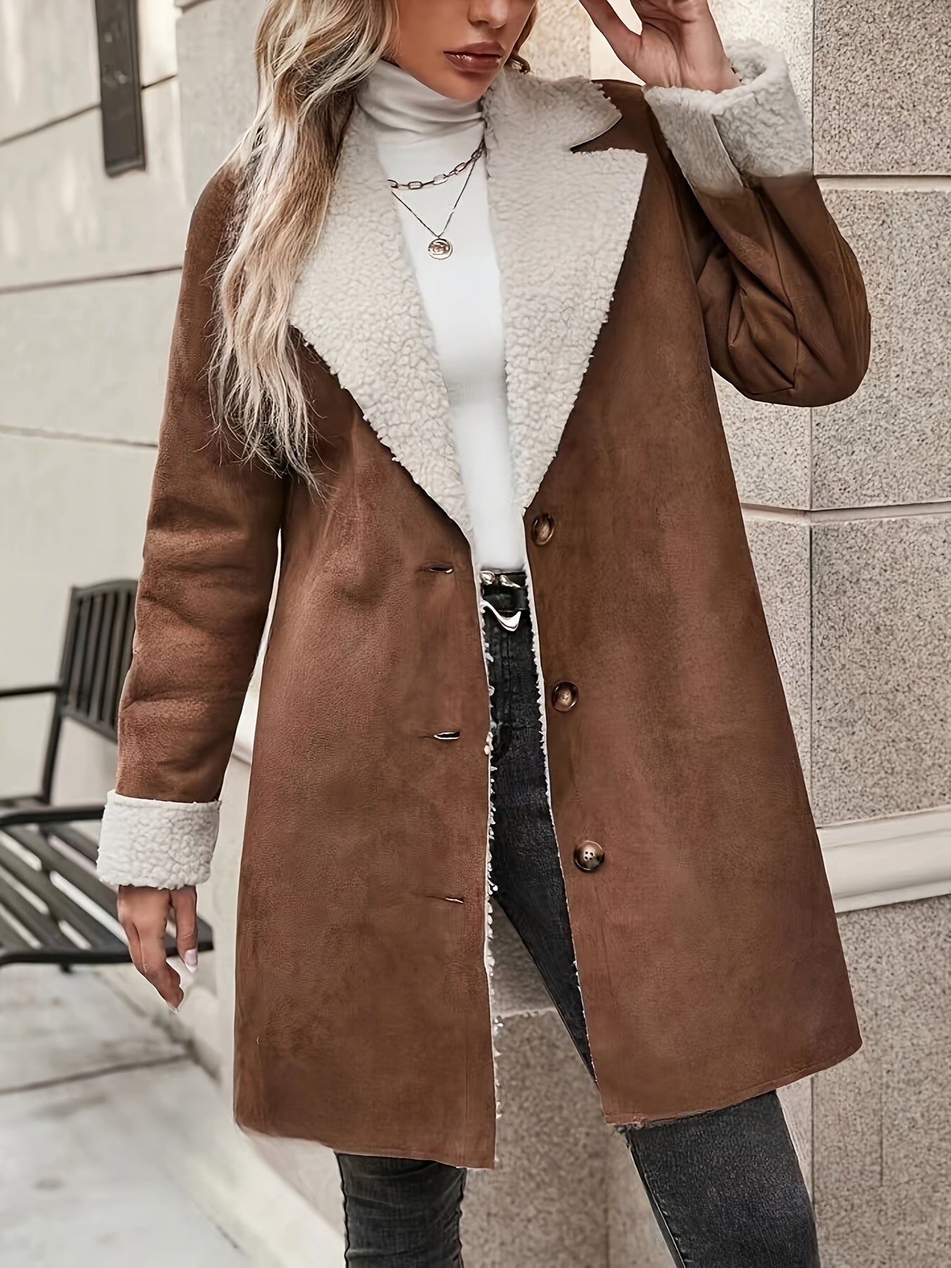 Dam Kappa Långärmad Plysch med Vändkrage för Höst och Vinter-5