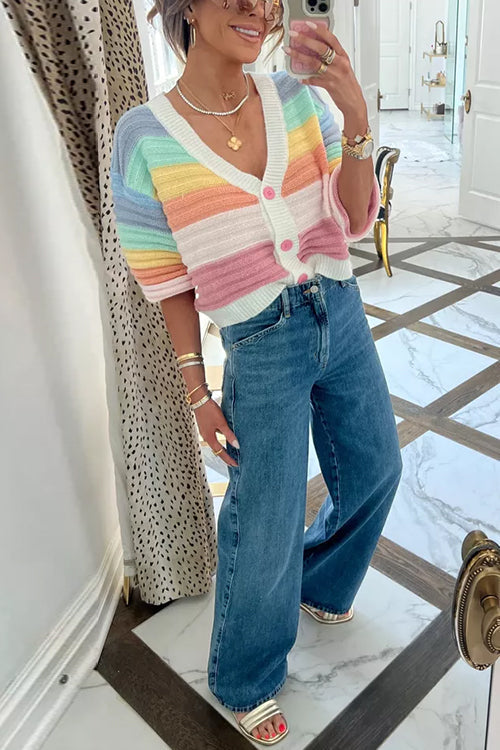 Stickad Dam Tröja V-hals med Knappar och Randigt Mönster i Ribbad Stickning-3