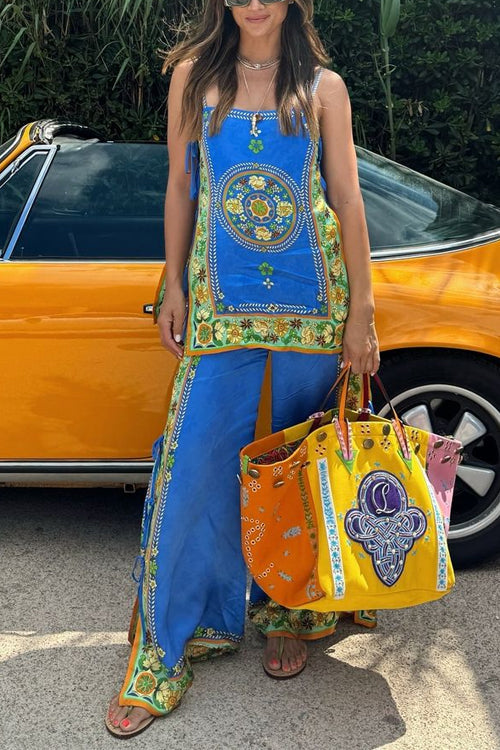 Dam Cami Top och Breda Benbyxor Satin Set med Unikt Tryck-2