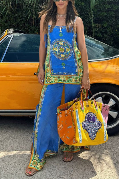 Dam Cami Top och Breda Benbyxor Satin Set med Unikt Tryck-2