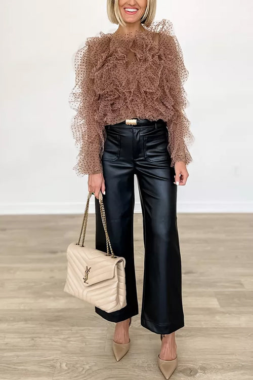 Dam Blus Långärmad Rynkad Nätmaterial med Punktmönster-3