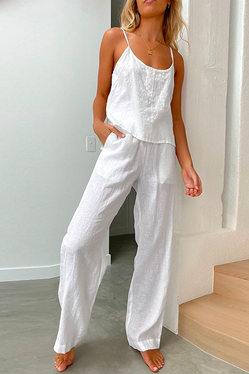 Dam Loungewear Set Avslappnad Cami Top och Vida Byxor i Bomull och Linne-4