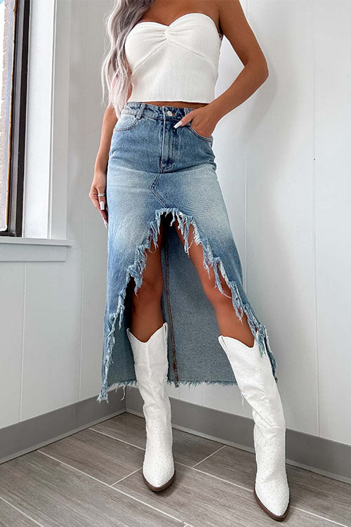 Dam Maxikjol Frayed High-Low Design i Bomull och Polyester-1