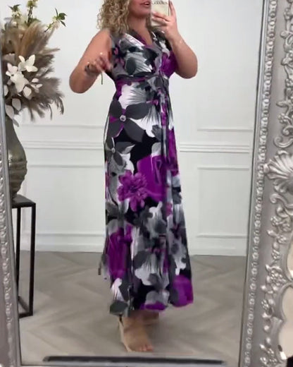 Kvinna Klänning Veckad Blommönster Polyester-3