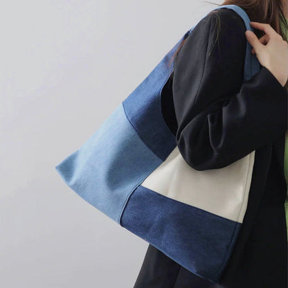 Rymlig Denim Shoppingväska för Dam med Patchwork-design och Axelrem – Praktisk och Stilren 4