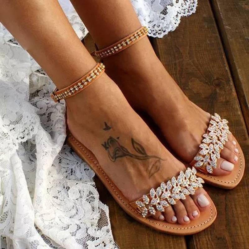 Dam Sandaler Platta PU-läder med Blommor och Strass-2