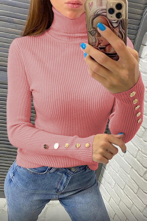 Variant image for Dam Stickad Turtleneck Tröja med Gyllene Knappar i Ribbstickad Design-29