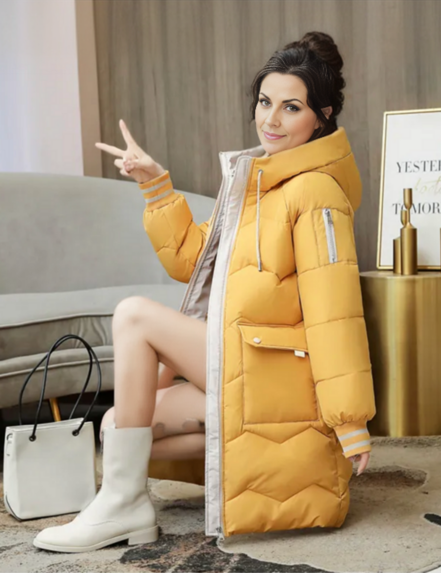 Dam Vinterparka Lång Stil Polyester Isolerad Justerbar Huva-5