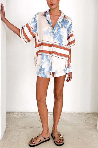 Dam Rullärmad Skjorta och Shorts Set i Bomull och Polyester För Sommarkläder-3