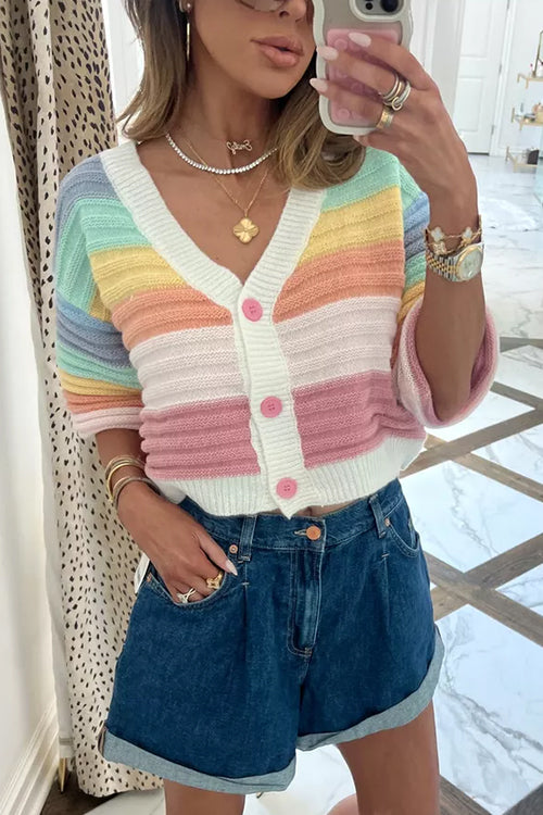 Stickad Dam Tröja V-hals med Knappar och Randigt Mönster i Ribbad Stickning-1