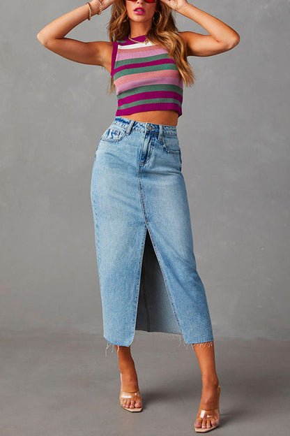 Dam Midi Kjol Hög Midja Denim-2