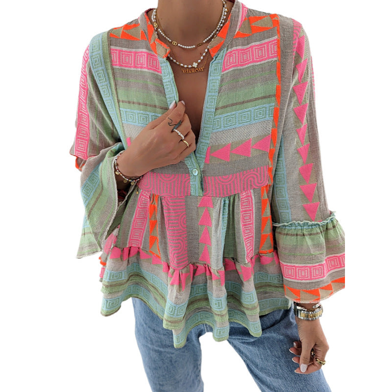 Kvinnors Långärmad Skjorta Blommig Bomull och Linne-5