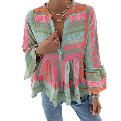 Kvinnors Långärmad Skjorta Blommig Bomull och Linne-5