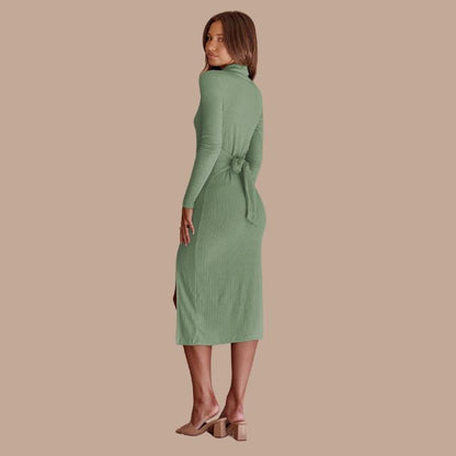 Dam Midiklänning Rippad Stickad med Knappdetalj och Sidoslits-2