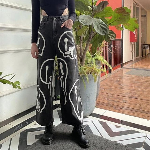 Dam Jeans Vidskuren Denim med Emoji-tryck-1
