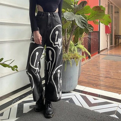 Dam Jeans Vidskuren Denim med Emoji-tryck-2