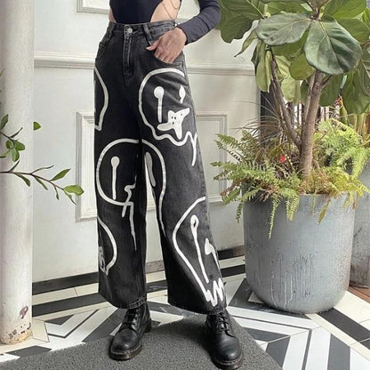 Dam Jeans Vidskuren Denim med Emoji-tryck-5