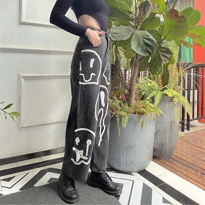 Dam Jeans Vidskuren Denim med Emoji-tryck-6