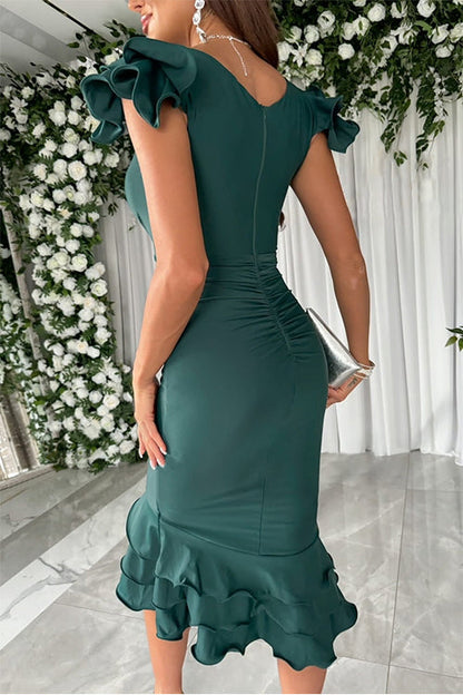 Fina Dam Klänningar Midi V-ringning Rynkad Bomull Polyester-5