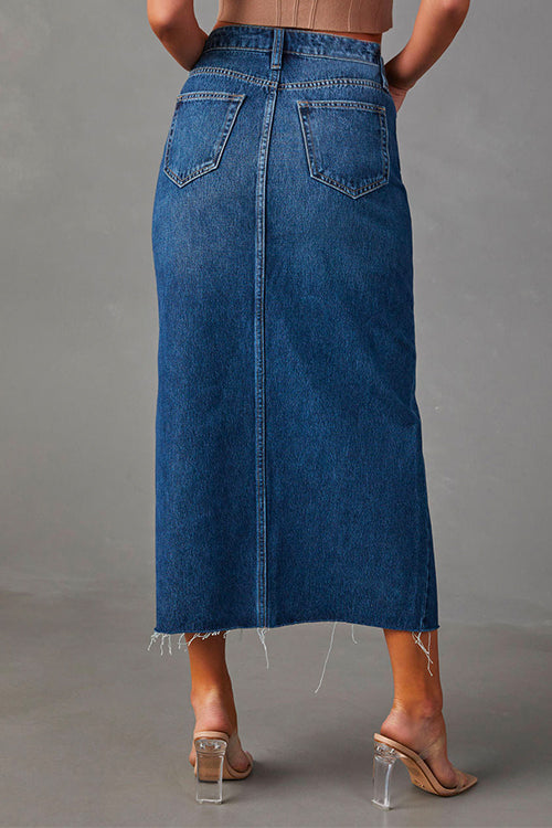 Dam Midi Kjol Hög Midja Denim-3