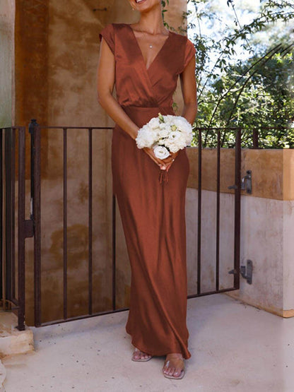 Variant image for Maxiklänning Dam V-ringning Satin Elegant Sjöjungfru Stil-13