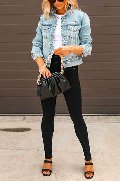 Dam Kort Denimjacka Rivna Detaljer Bomull Polyester-2