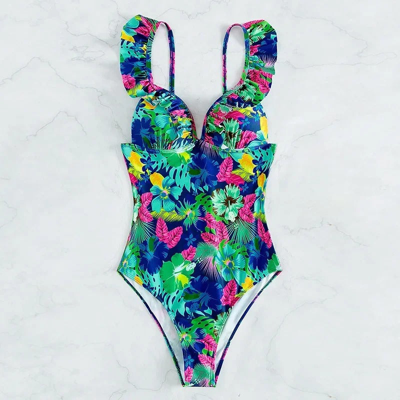 Baddräkt Dam Shaping med Ruffles och Blommor, Komfortabel Nylon Spandex-3
