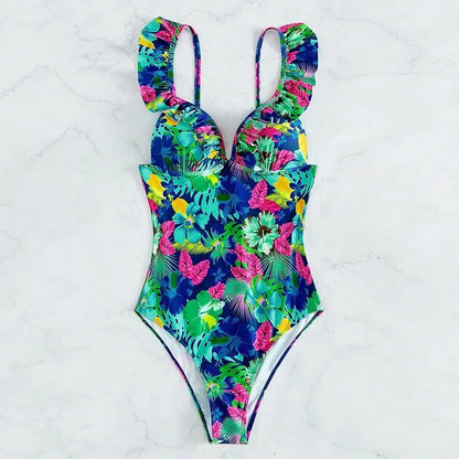 Baddräkt Dam Shaping med Ruffles och Blommor, Komfortabel Nylon Spandex-3
