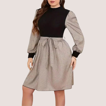 Dam Klänning Långärmad Sillbensmönster med Bälte Polyester-3