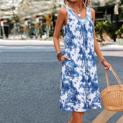 Dam Sommarklänning Lätt Material Rund Halsringning för Sommarens Fester-5