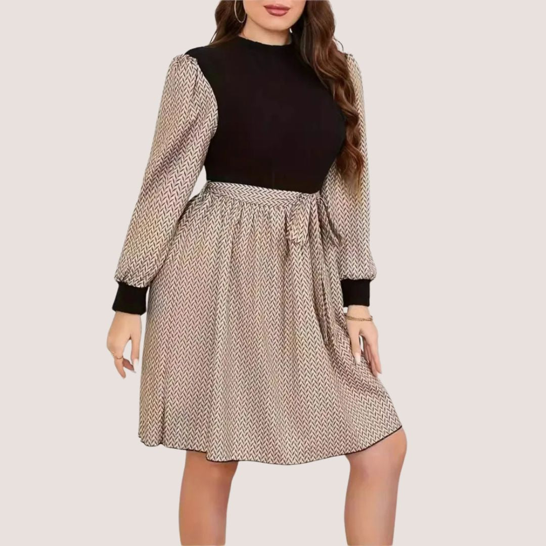 Dam Klänning Långärmad Sillbensmönster med Bälte Polyester-4