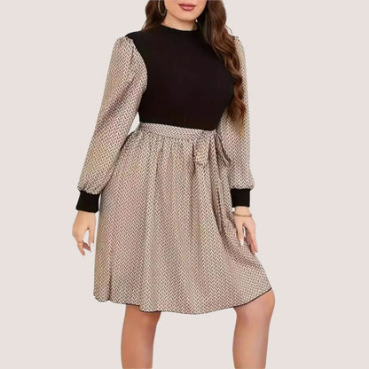 Dam Klänning Långärmad Sillbensmönster med Bälte Polyester-4