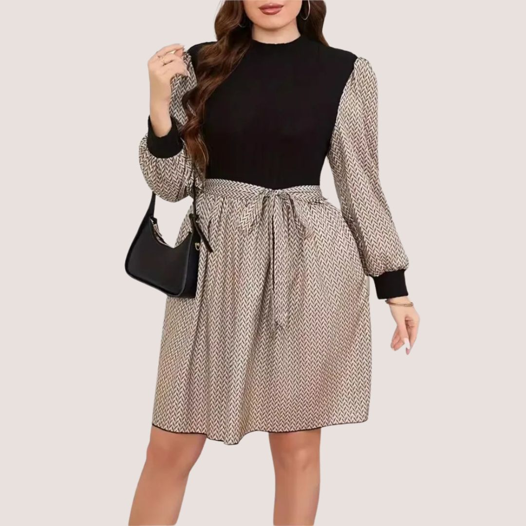 Dam Klänning Långärmad Sillbensmönster med Bälte Polyester-5